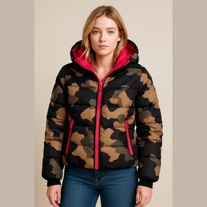 G by Giuliana Camo Puffer Jacket with Detachable Hood Size XXS Brown Pink NEW